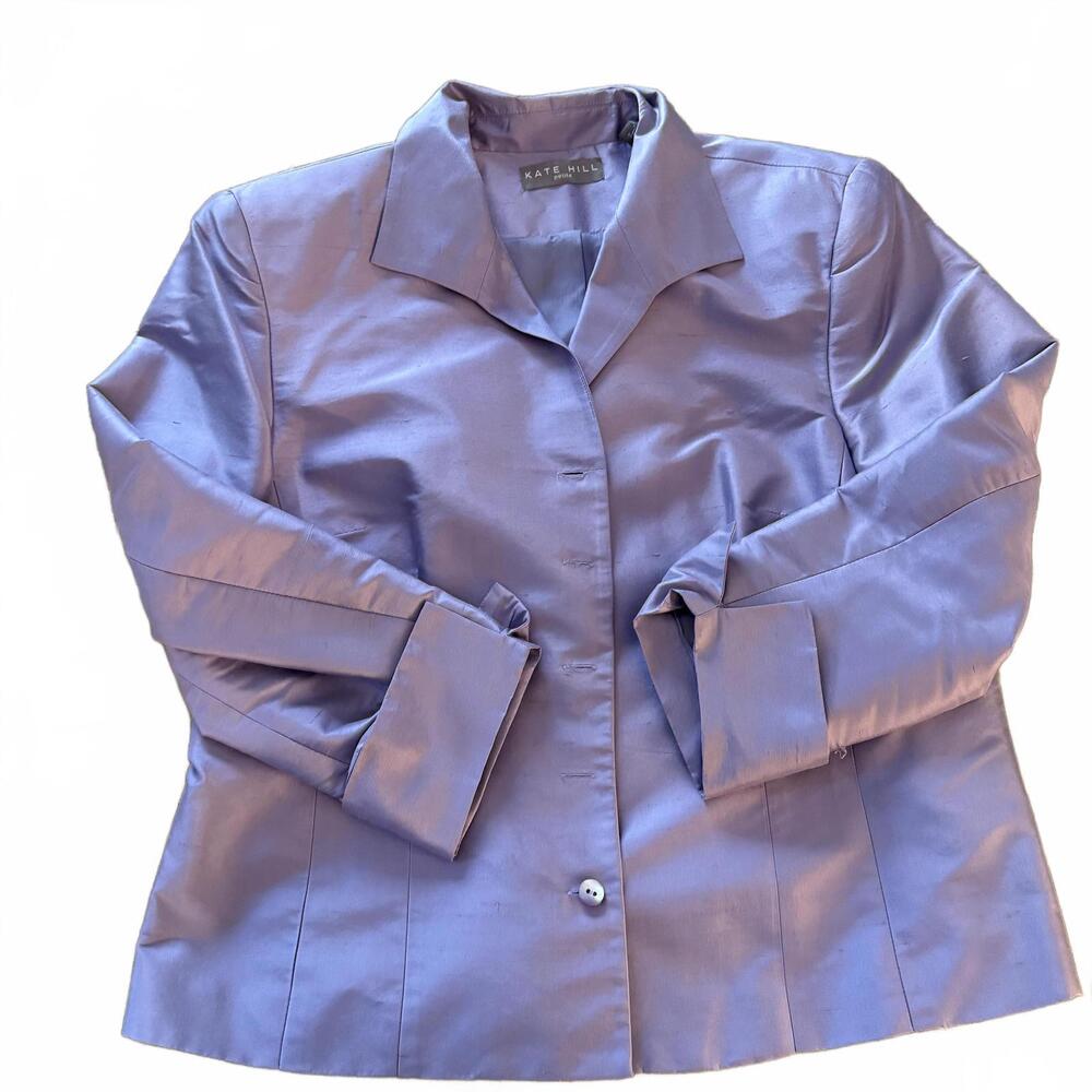 KATE HILL sz 12P 100% Silk Button up Cuffed Sleeve Lined Blazer Quiet Luxury y2k